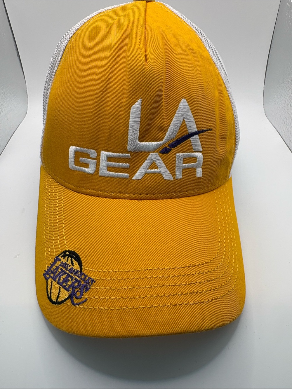Los Angeles Lakers LA Gear Gold White Mesh Trucker Snapback Hat NBA